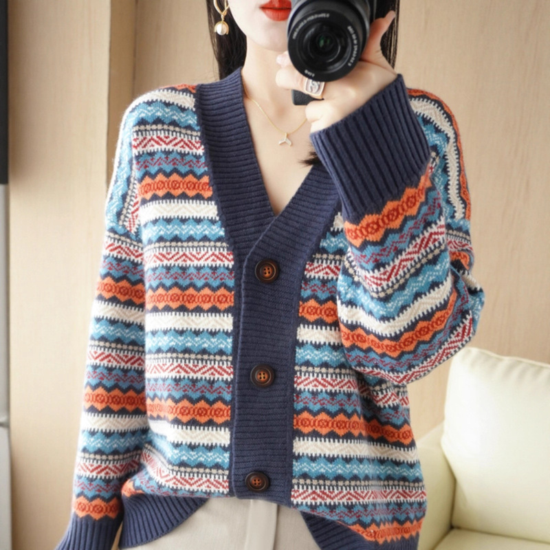 Striped Cashmere Cardigan Women's V Neck Casual Thickeneded Spring New Retro Jacquard Cardigan Knitted Sweater Jacket