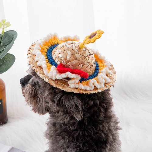Pet Grass Hat Bamboo Dragonfly Summer Weaving Cartoon Cute Puppy Hat for Small Dogs Universal Pet Grass Hat