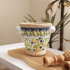 粗陶手绘裂纹釉面柠檬图案带双耳朵美式风格台面摆设干花容器花瓶