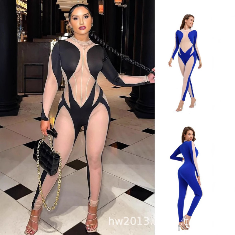 Long Autumn and Winter European and American Export Women's New See-Through Mesh Contrasting Geometric Stitching Sexy Slim One-Piece Pants Long Autumn and Winter European and American Export Women's New See-Through Mesh Contrasting Geometric Stitching Sexy Slim One-Piece Pants