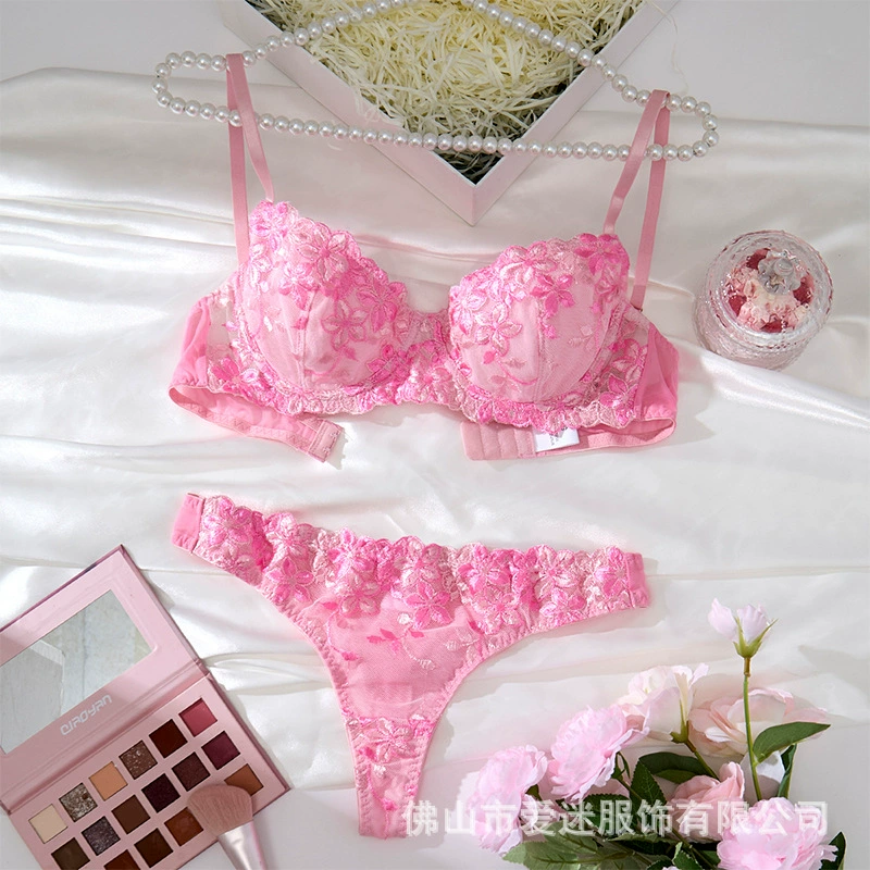 Европейский и американский комплект сексуального белья с вышивкой и кружевом, ультратонкий, розовый, сладкий, соблазнительный бюстгальтер 24031