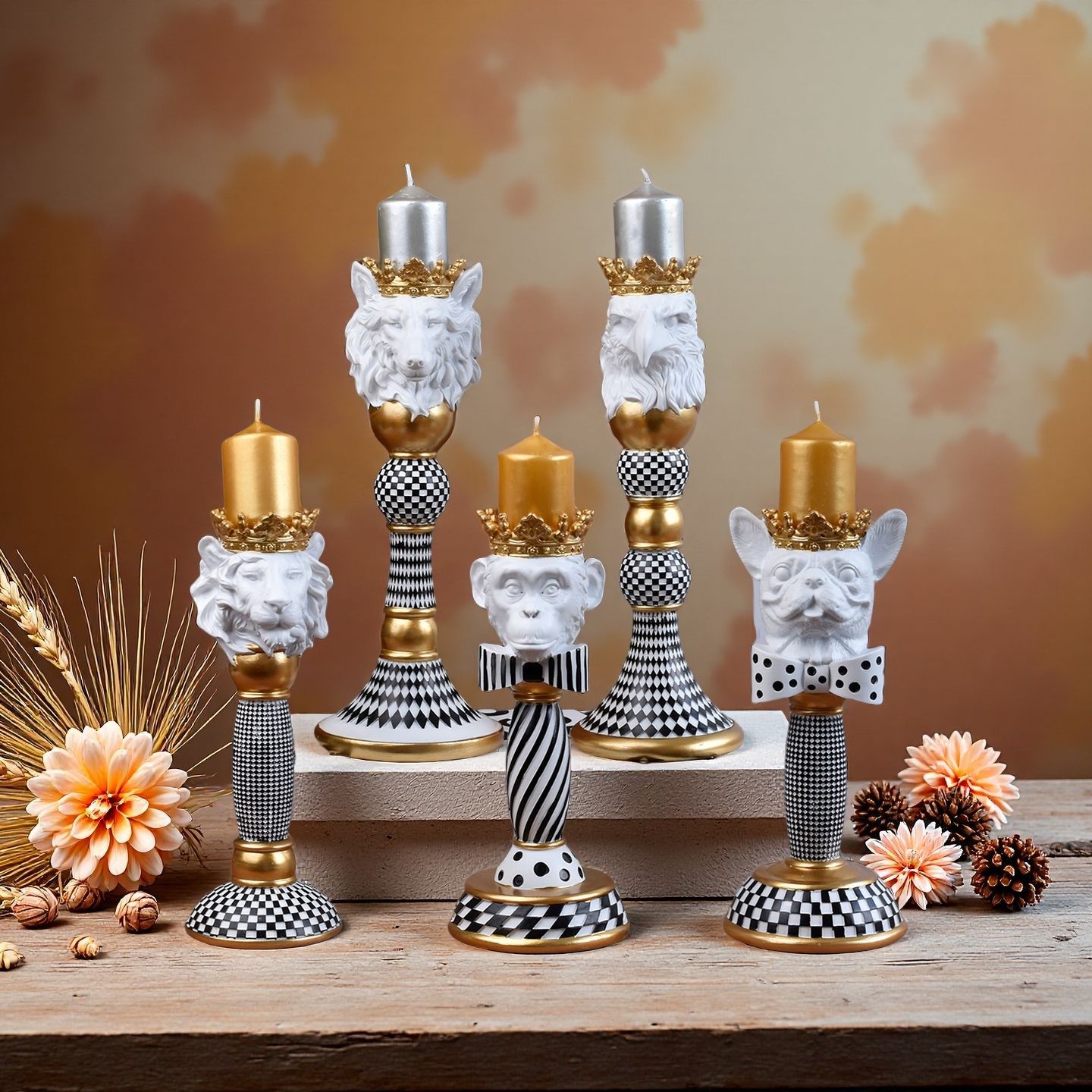 跨境棋盘纹树脂烛台兽首浮雕工艺品铜色黑白格烛台家居装饰品摆件