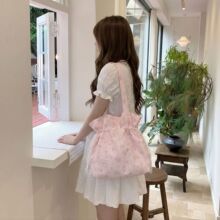 67173 温柔粉色碎花背心托特包单肩布袋少女通勤上课大容量手提包