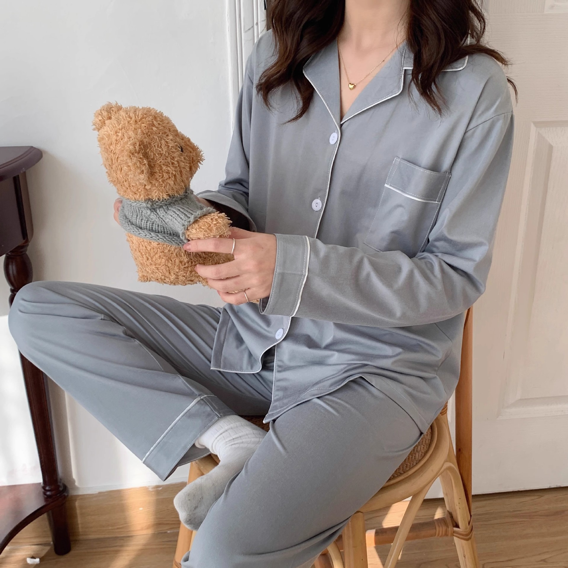 2024 new solid color cardigan pajamas Women's Spring and Autumn long sleeve plus size casual home wear suit can be worn outside summer