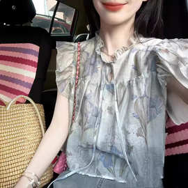 新中式衬衫女短款绝美小飞袖国风上衣印花气质宽松显瘦雪纺衫