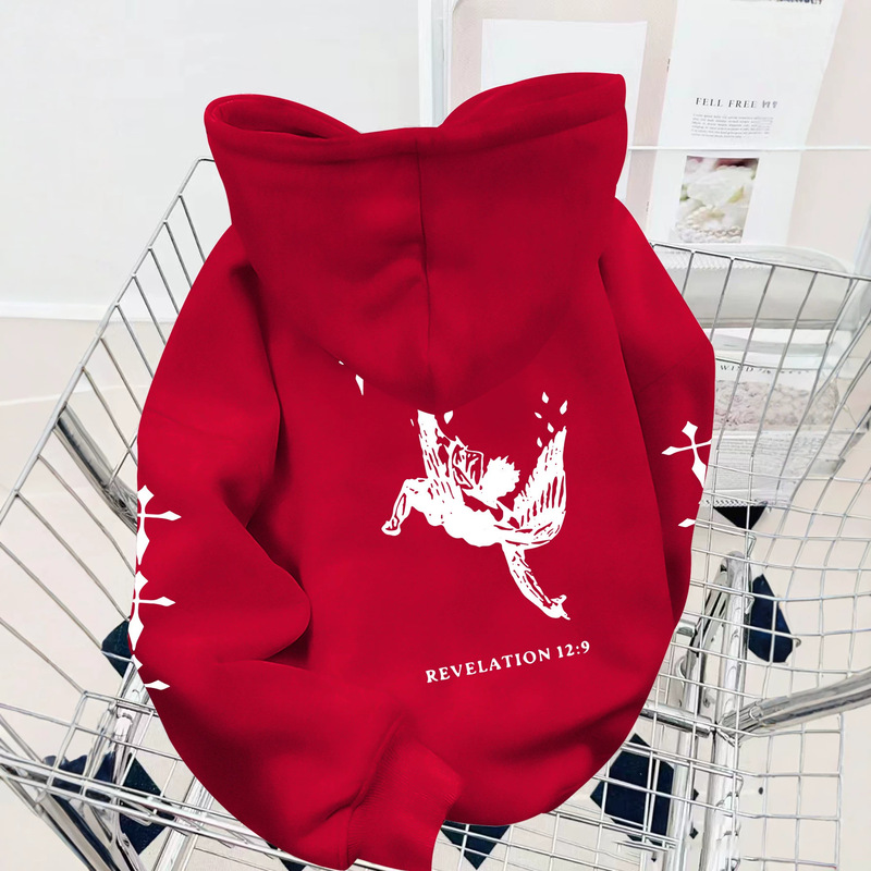 Angel with Fallen Back Print, Text Number, Cross Print on Both Sleeves, Drawstring Hooded Loose Fit Drop-Shoulder Couple's Sweatshirt Angel with Fallen Back Print, Text Number, Cross Print on Both Sleeves, Drawstring Hooded Loose Fit Drop-Shoulder Couple's Sweatshirt