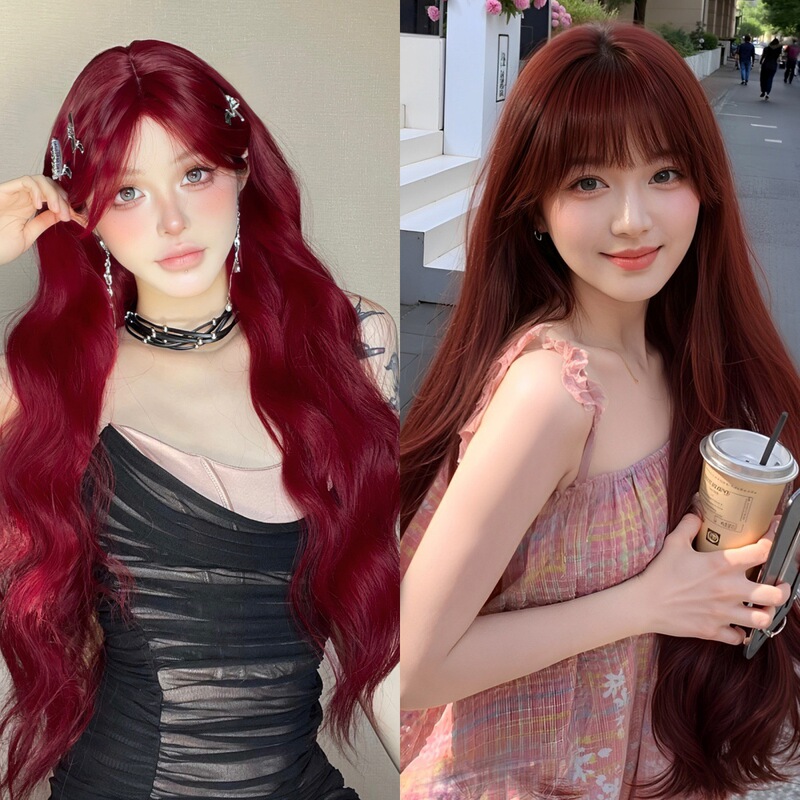 European and American fashion wig high temperature silk eight-character bangs wine red long curly hair cross-border hot sale popular online in stock