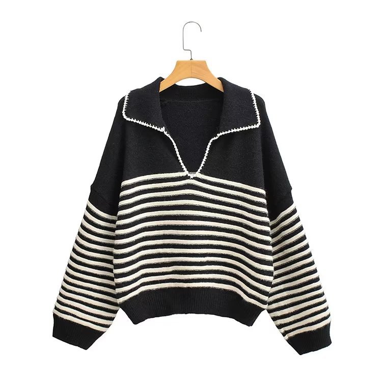 V-neck long sleeve striped lapel sweater NSAM136027