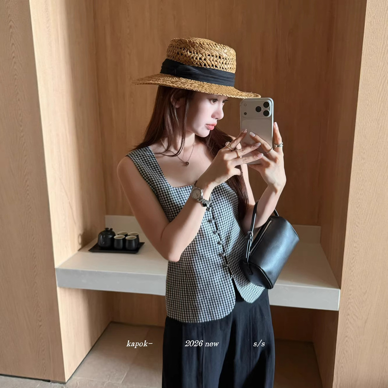 Thirteen Lines【Kapok】Summer New Style Square-Neck Sleeveless Versatile Plaid Blouse (Only Selling the Blouse) 26012