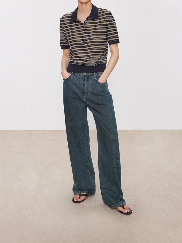 Jocシンプルデザイン半袖tシャツ25新品レトロストライプ清涼感アセテート生地知識人ポロシャツ|undefined