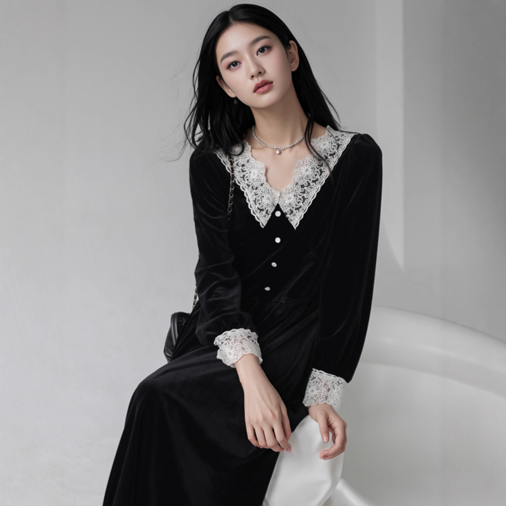 法式复古赫本风小黑裙收腰显瘦黑色高级感连衣裙女秋冬配大衣长裙