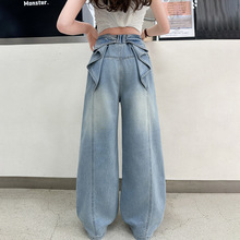 女童2026年牛仔裤洋气蝴蝶结洋气长裤韩范夏款女孩潮流百搭阔腿裤