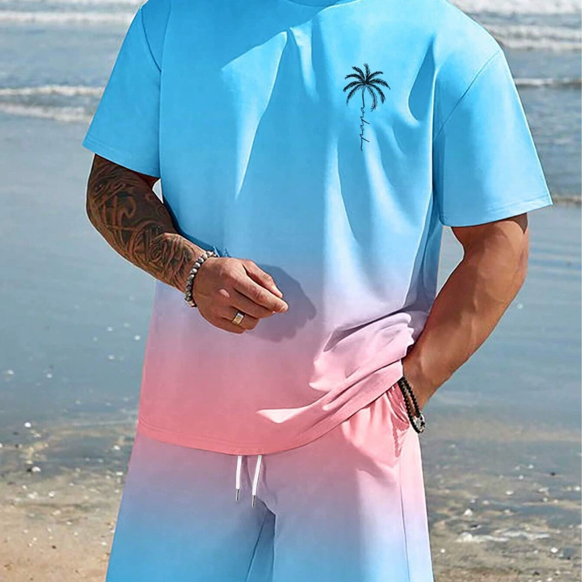 TEMU Летняя футболка шорты с 3D-принтом, комплект из двух частей, мужской градиент кокосовой пальмы, случайный тренд