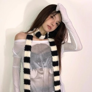 Autumn and Winter Concave Shape Narrow Version Y2K Black and White Slender Striped Scarf Female Millennium Style Sexy Plush Scarf Trendy