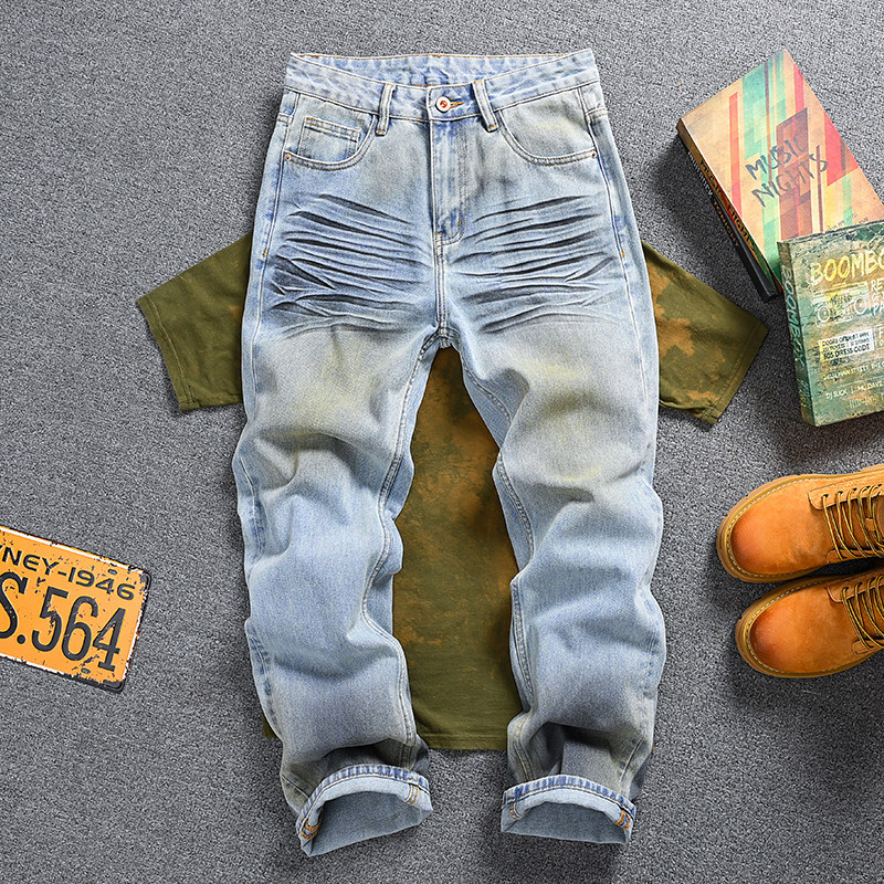 Men's Vintage Washed Jeans - Relaxed Straight-Leg High Street Denim Pants With Wave Crease Design, Light Blue_mkmklike.com