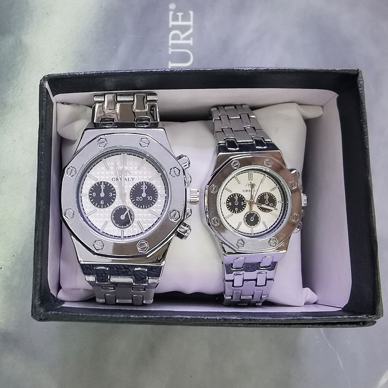 Relógio de quartzo com pulseira de aço masculino e feminino 2024, clássico, casual, três olhos, com calendário, à prova d'água, para casal_voghion.com