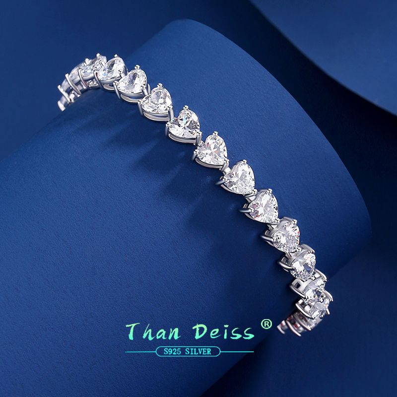 Classic Single Row Heart-Shaped Zircon Tennis Bracelet Women's S925 Silver Moissanite Hip-Hop Ins Style Light Luxury Jewelry