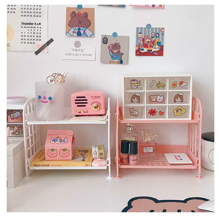 新ins化妆品首饰双层折叠收纳架简约家用桌面浴室置物架收纳架子