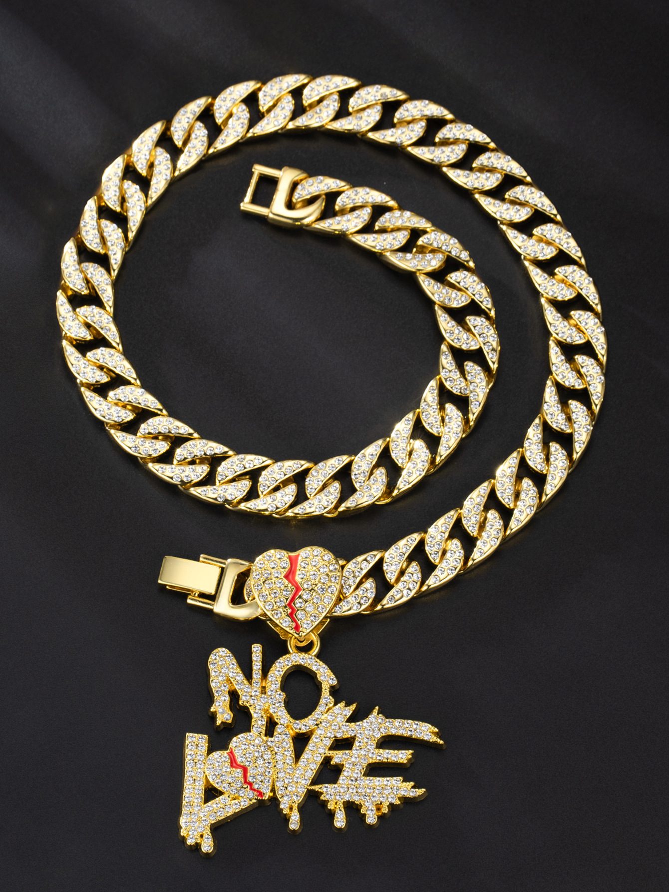 New full diamond Cuban chain splicing letter love pendant hip-hop street culture trendy men's necklace_voghion.com