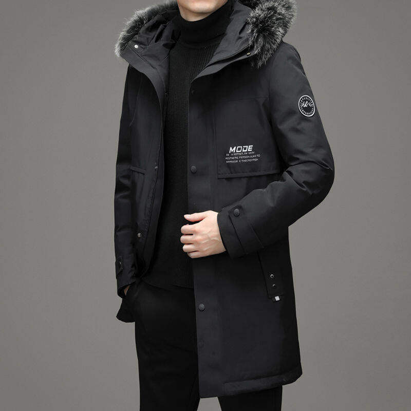 Una pieza de entrega de los hombres abajo chaqueta caliente a prueba de viento de conejo Rex Cuello de piel de media longitud de papá abajo chaqueta de los hombres abrigo