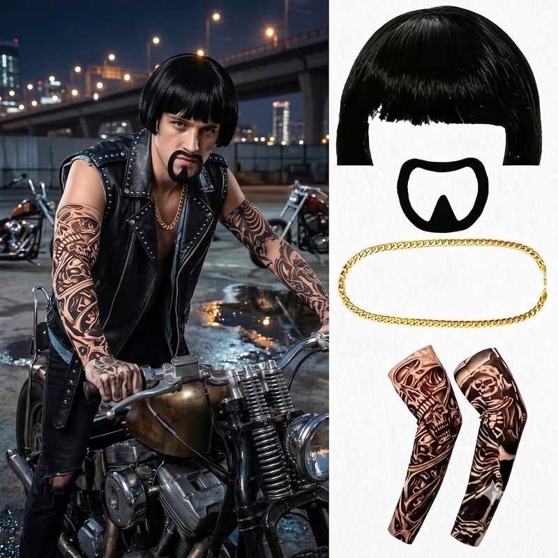 Halloween Punk Rock Men's Costume Set: Mushroom Head Wig, Fake Beard, Big Gold Chain, Skull Tattoo Cosplay Halloween Punk Rock Men's Costume Set: Mushroom Head Wig, Fake Beard, Big Gold Chain, Skull Tattoo Cosplay