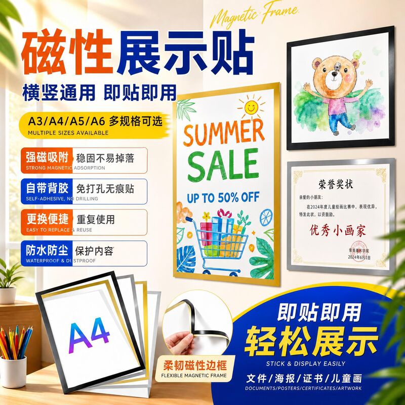 Manufacturer-customized magnetic photo frames for displaying documents, business licenses, protective covers, bulletin boards, poster frames, and award frames
