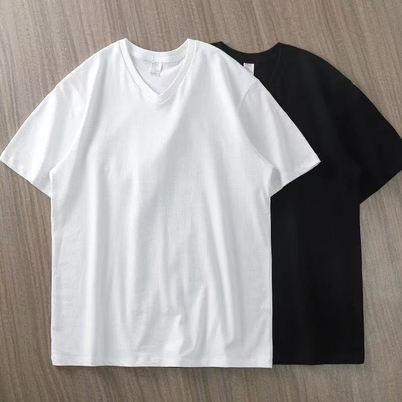 Summer Solid Color V-Neck Short-Sleeve New Pure Cotton Breathable Thin Trendy Simple Versatile Casual Base Shirt Top for Men