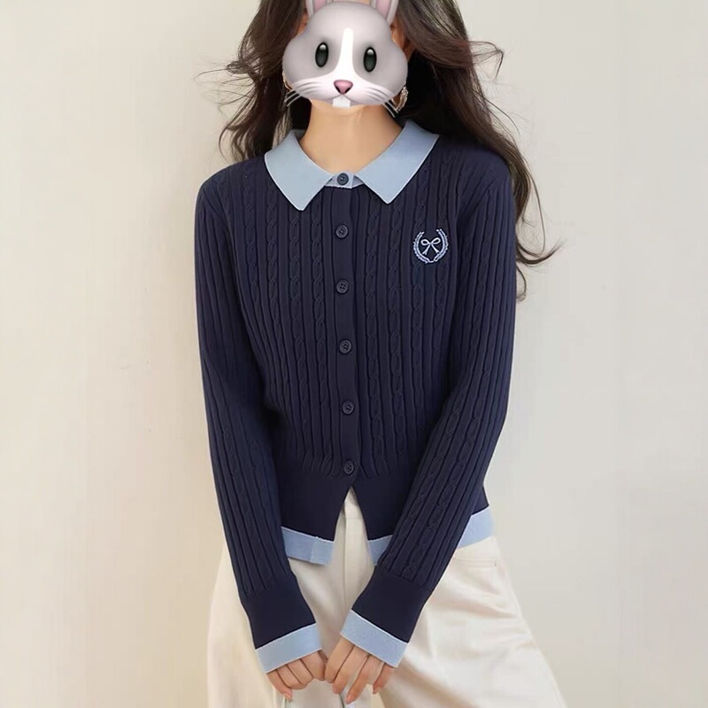 Vintage color-blocked collared cable-knit sweater with exquisite bow embroidery, slim-fit and age-reducing knit jacket Vintage color-blocked collared cable-knit sweater with exquisite bow embroidery, slim-fit and age-reducing knit jacket