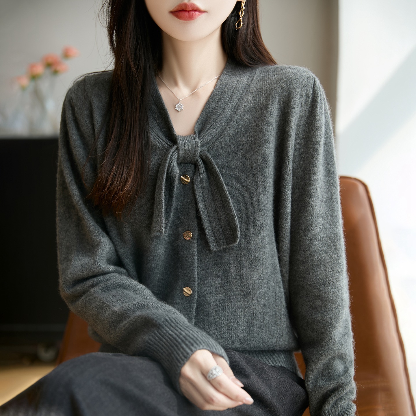 Áo cardigan nữ tay dài nơ bướm dáng rộng — màu xám chi tiết 3