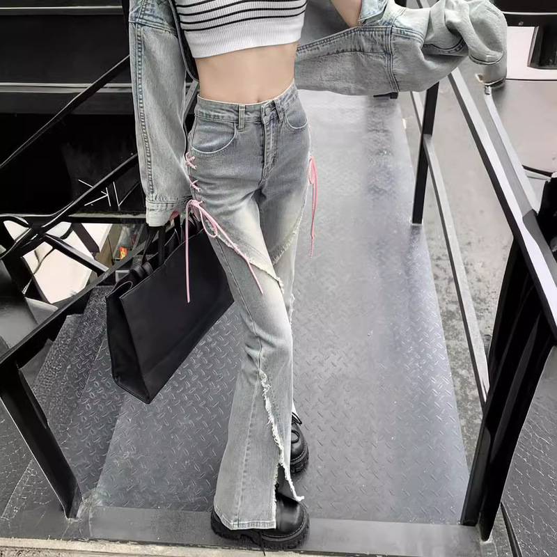 American Style Retro Slitted Micro-flared Jeans Women's Design Niche Pink Strap High Waist Slimming Spice Girl Pants