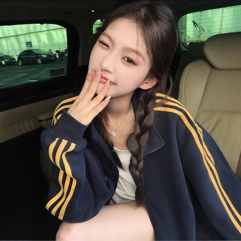 American New Style Simple Sports Three-Stripe Webbing Contrasting Color Stand-Up Collar Sweatshirt Women's Spring & Fall Versatile Student Cardigan Jacket