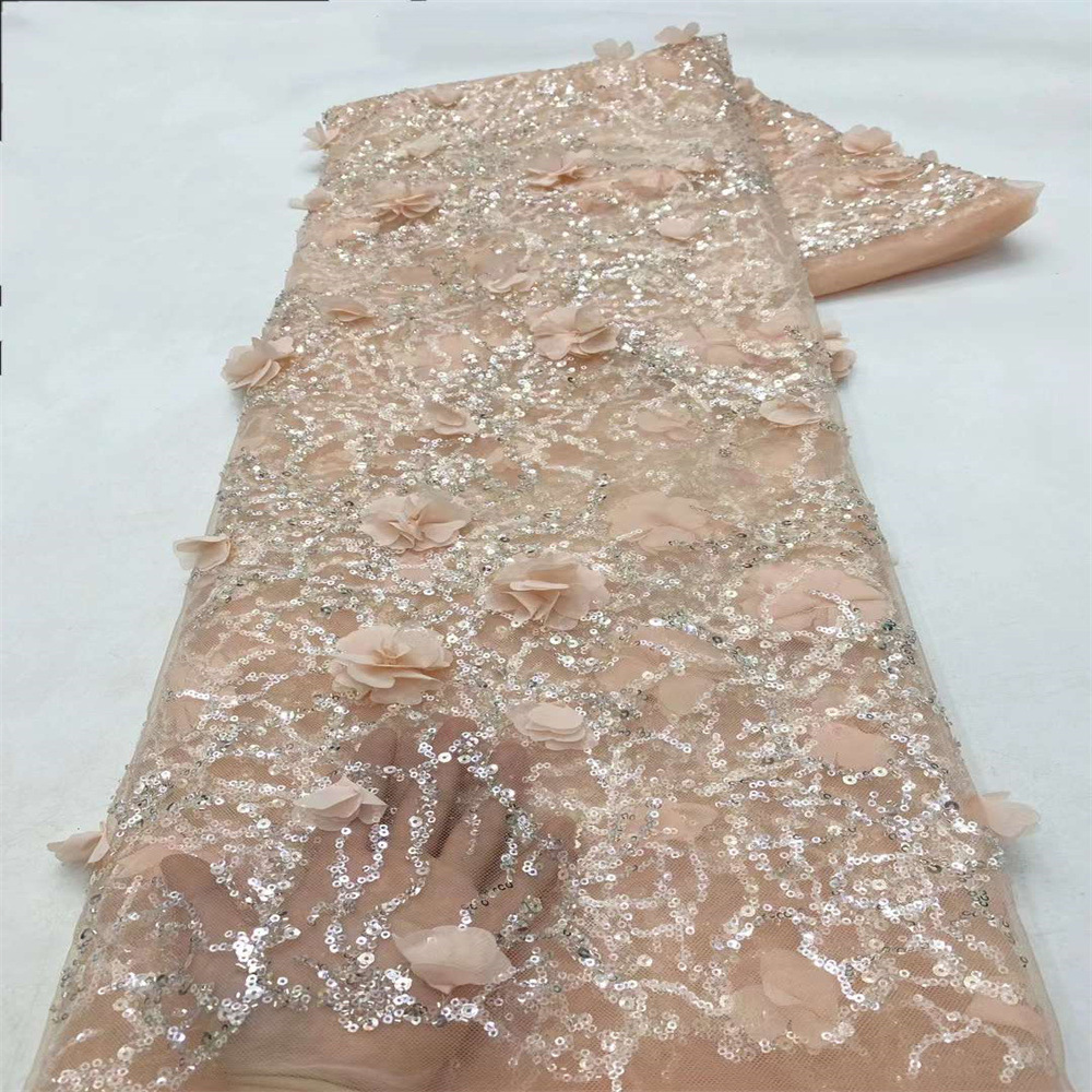 Vestido de novia francés versión completa bordado lentejuelas con cuentas tela de encaje bridal 3d lace fabric