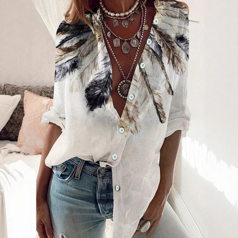 Women's Western Bohemian Style Feather Print Fashion Slim Long Sleeve Shirt Amazon New European and American Style Women's Western Bohemian Style Feather Print Fashion Slim Long Sleeve Shirt Amazon New European and American Style