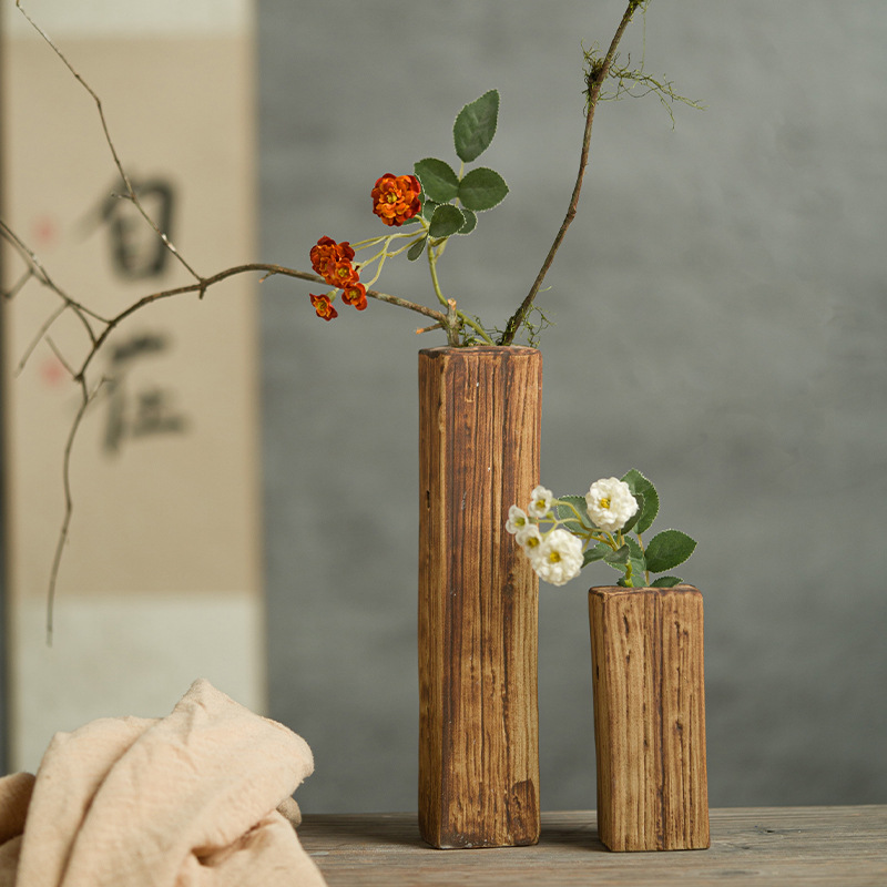 景德镇方形仿木纹做旧套装台面壁挂墙上装饰品新中式陶瓷花瓶摆件