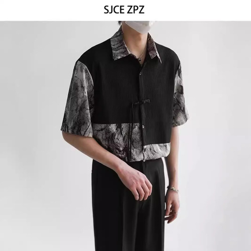 Stitching Men's Summer Shirt, Hong Kong Style, Student Loose Fit, Unique Design, Fun Men's Top for Outerwear