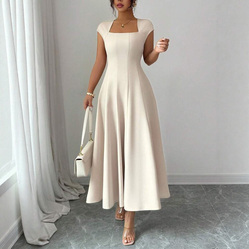 2026 European and American cross-border new style solid color square-neck slim-fit A-line dress, elegant and stylish women's long dress 2026 European and American cross-border new style solid color square-neck slim-fit A-line dress, elegant and stylish women's long dress