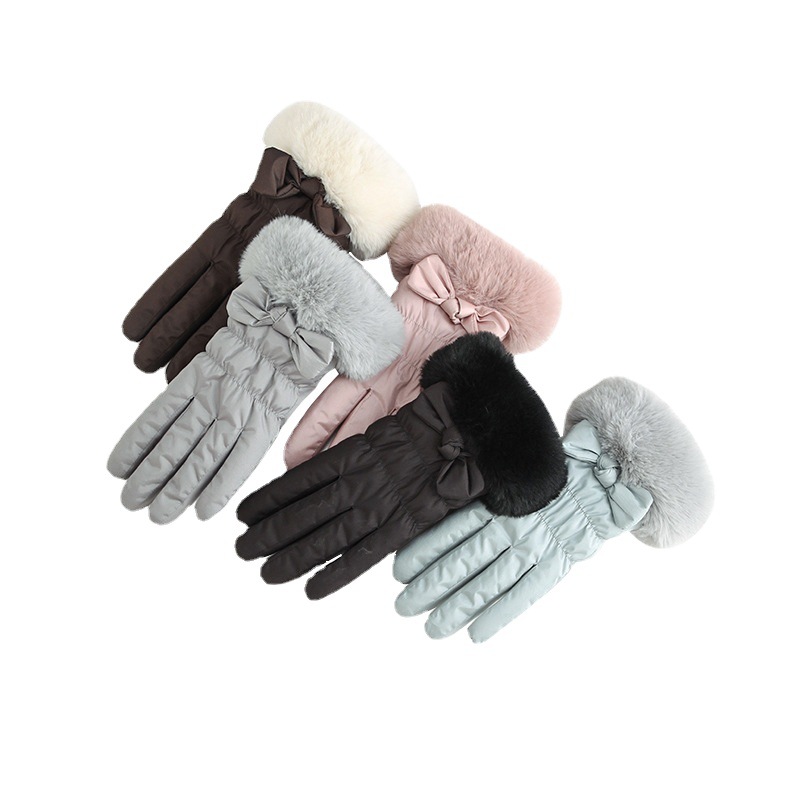 冬季成人加绒保暖手套现货女纯色分指羽绒布手套欧美风防泼水手套