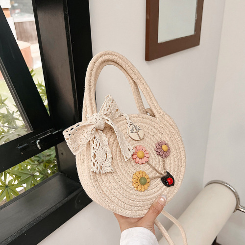 Girls' small round bag, women's shoulder bag, hand-held cotton rope bag, hand bag, hand bag, women's cross-body woven bag