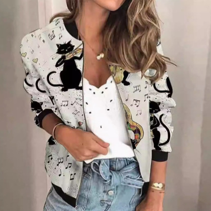 European Station Autumn and Winter New Stand Collar cat Digital Printing Retro Casual Zipper Casual Short Outwear coat