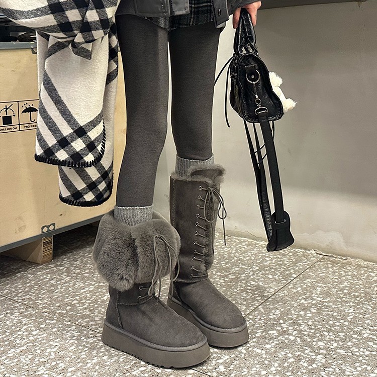 长白山灰色雪地靴女2025新冬季系带两穿长筒靴加绒加厚保暖棉鞋|undefined