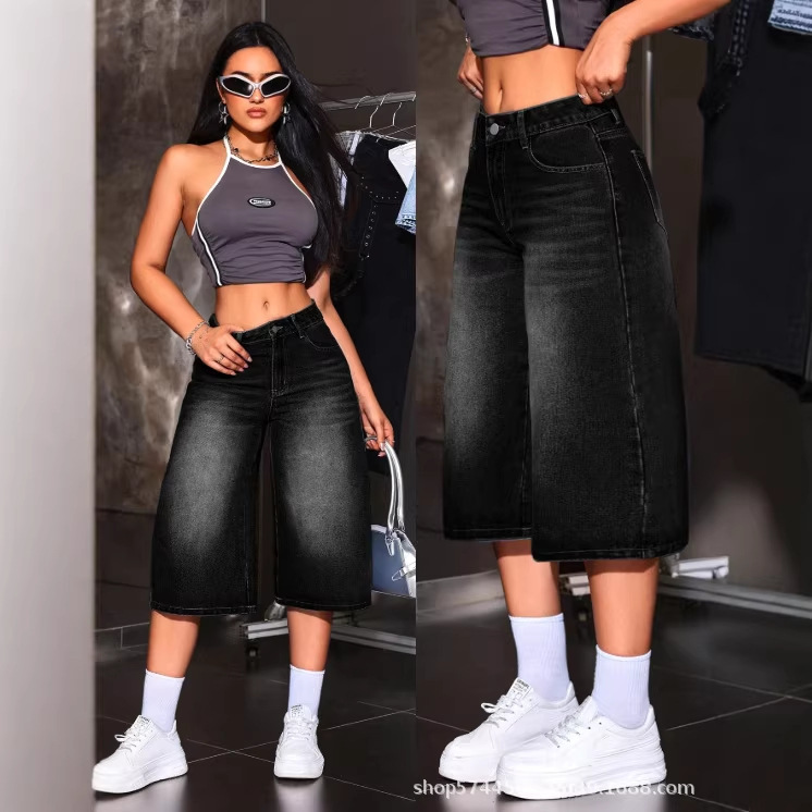 Amazon Tiktok Pinduoduo European and American Cross-Border American Retro Washed High-Waisted Wide-Leg Denim Cropped Pants for Women