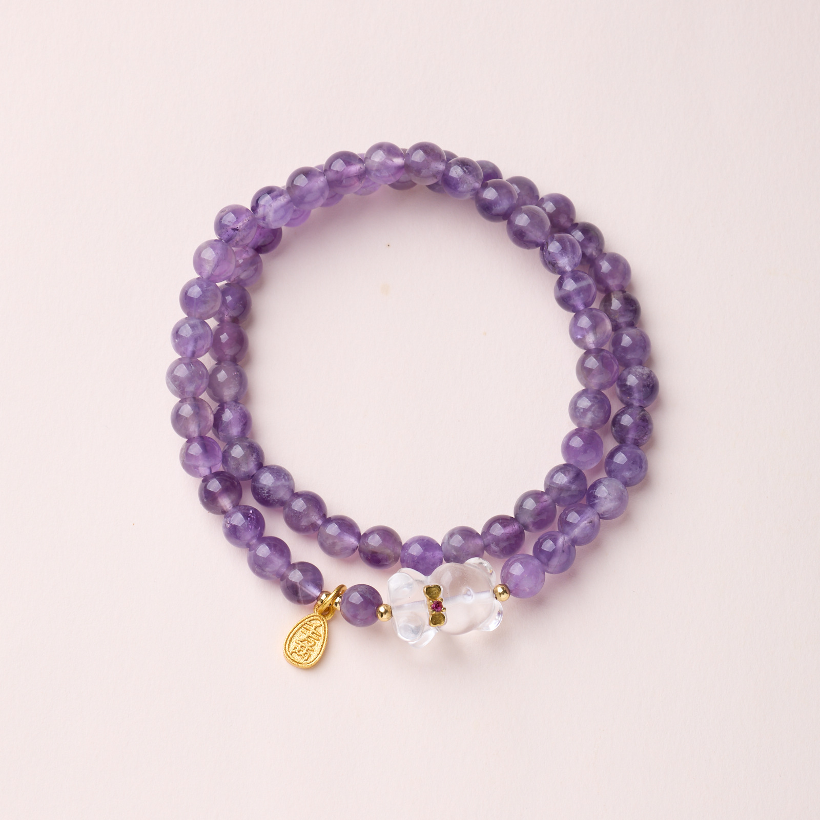 [Xunyue] 6MM 자수정 화이트 크리스탈 리본 곰 더블 서클 팔찌