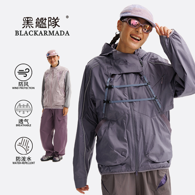 Black Fleet Outdoor Mountain-Style American Workwear Jacket for Men and Women, Sports Casual Hooded Waterproof Mountaineering Jacket