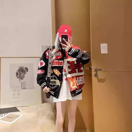 美式机车服外套男亚马逊外贸复古嘻哈宽松百搭情侣棒球服新款夹克