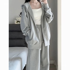 休闲运动套装女秋冬新款宽松连帽灰色卫衣阔腿裤两件套开衫外套潮