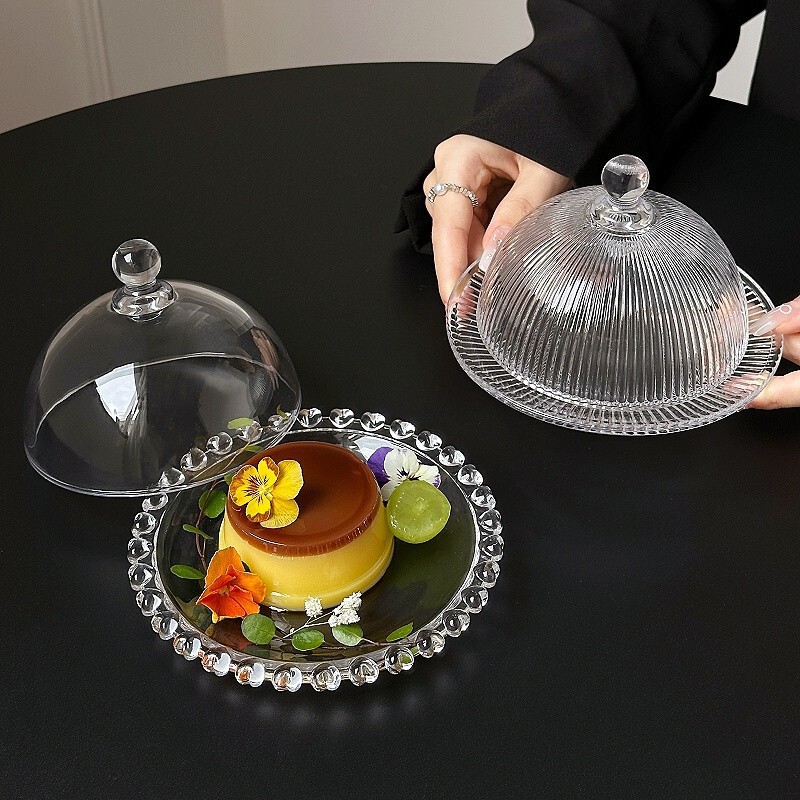 Japanese-Style Ins Mini Striped Dessert Plate Set Cake Display Box with Lid Glass Cover Snack Dessert Tea Tray