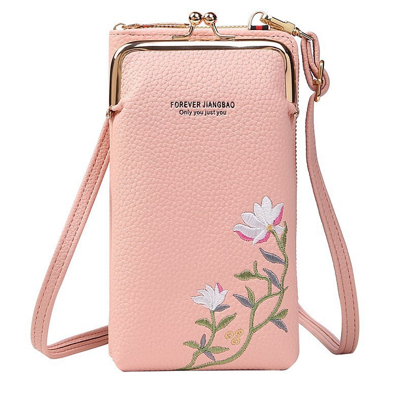 Factory supply 2024 new ladies mobile phone bag Korean fashion litchi pattern solid color embroidery diagonal shoulder bag