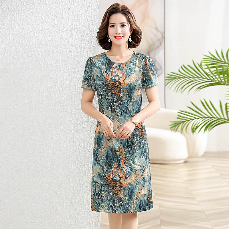 Летнее платье 2025 года для женщин среднего возраста, тонкое, элегантное, с коротким рукавом, с цветочным принтом, больших размеров.