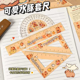 卡皮巴拉尺子套装可爱卡通透明尺子小学生文具考试绘图专用刻度尺