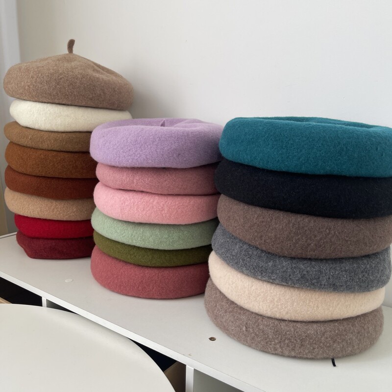 Big head circumference solid color 100 wool beret women's Korean fashion literary vintage painter's cap autumn and winter bud cap